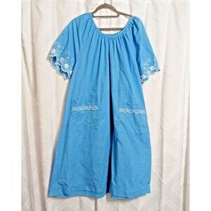 Womens Cotton Long Gown Duster Vintage Blue Short Sleeves Pullover